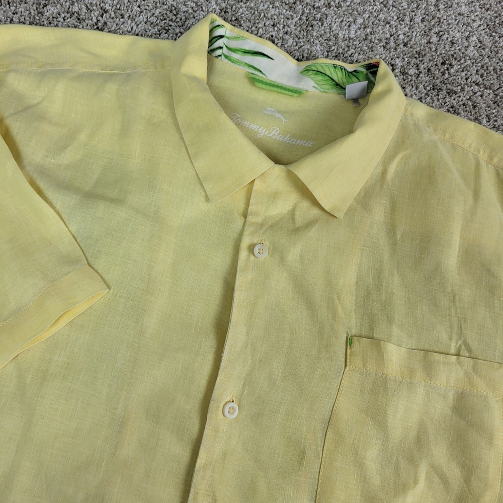 Tommy Bahama Mens 2XL Solid Yellow Hawaiian Button Up Short Sleeve 100% Linen